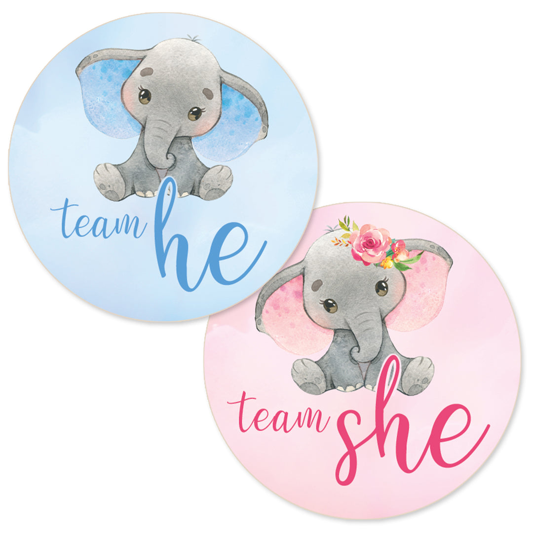 Elephant: Gender Reveal Party -Team He or Team She - 40 Stickers