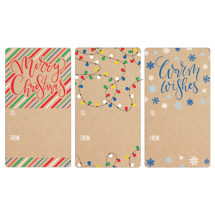 Christmas Gift Tag Stickers: Kraft Paper Stripes, Lights, and Snowflakes  – 75 Stickers