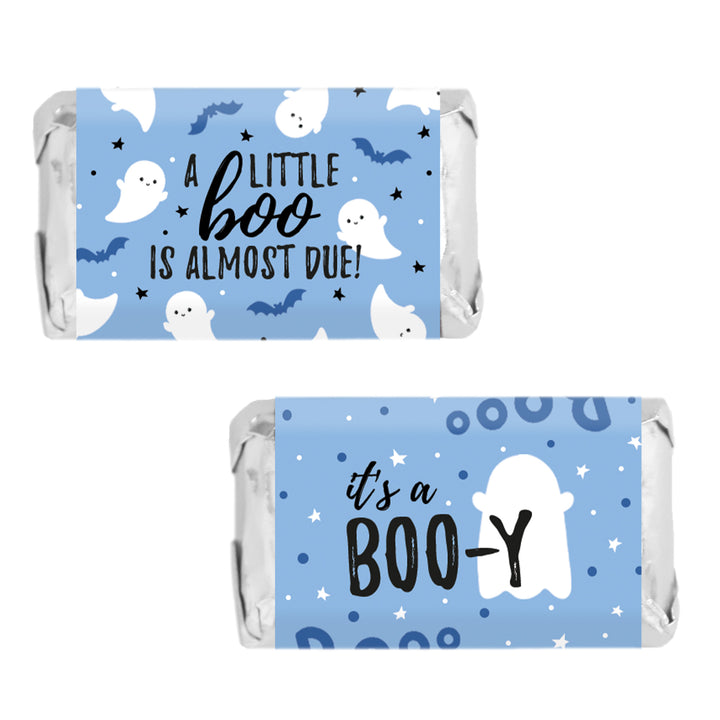 Little Boo: Blue - Boy Baby Shower - Hershey's Miniatures Candy Bar Wrappers Stickers - 45 Stickers