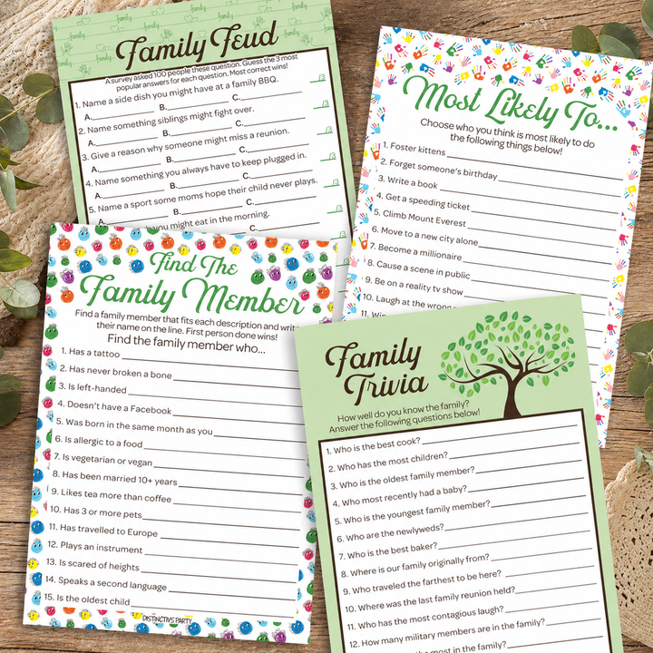 Family Reunion: Party Game Bundle - Family Trivia, Most Likely To, Family Feud & Find the Family Member - 4 Games for 20 Players - 40 Dual Sided Cards