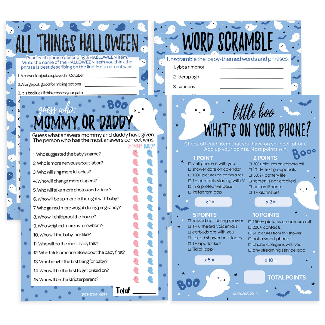 Little Boo: Blue - Boy Baby Shower Game Bundle - Guess Who: Mommy or Daddy, All Things  Halloween, What's On Your Phone & Word Scramble - 4 Games for 20 Players - 40 Dual Sided Cards