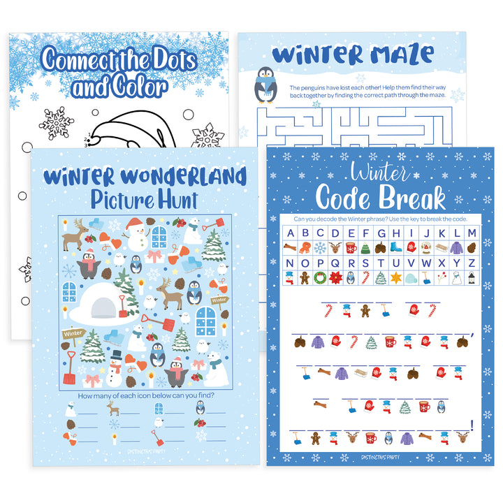 Winter Games: Blue Snowflakes - Picture Hunt, Code Break, Connect Dots, Maze - 4 Game Bundle for 25 Kids