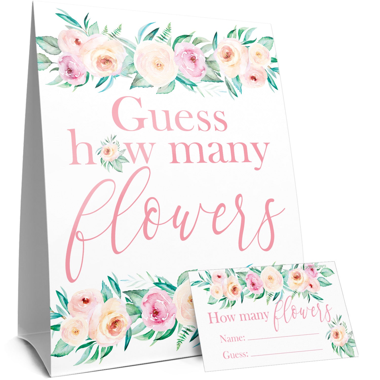Pink Floral: How Many Flowers Floral Party Game - Baby Shower, Bridal, Birthday - Distinctivs Party
