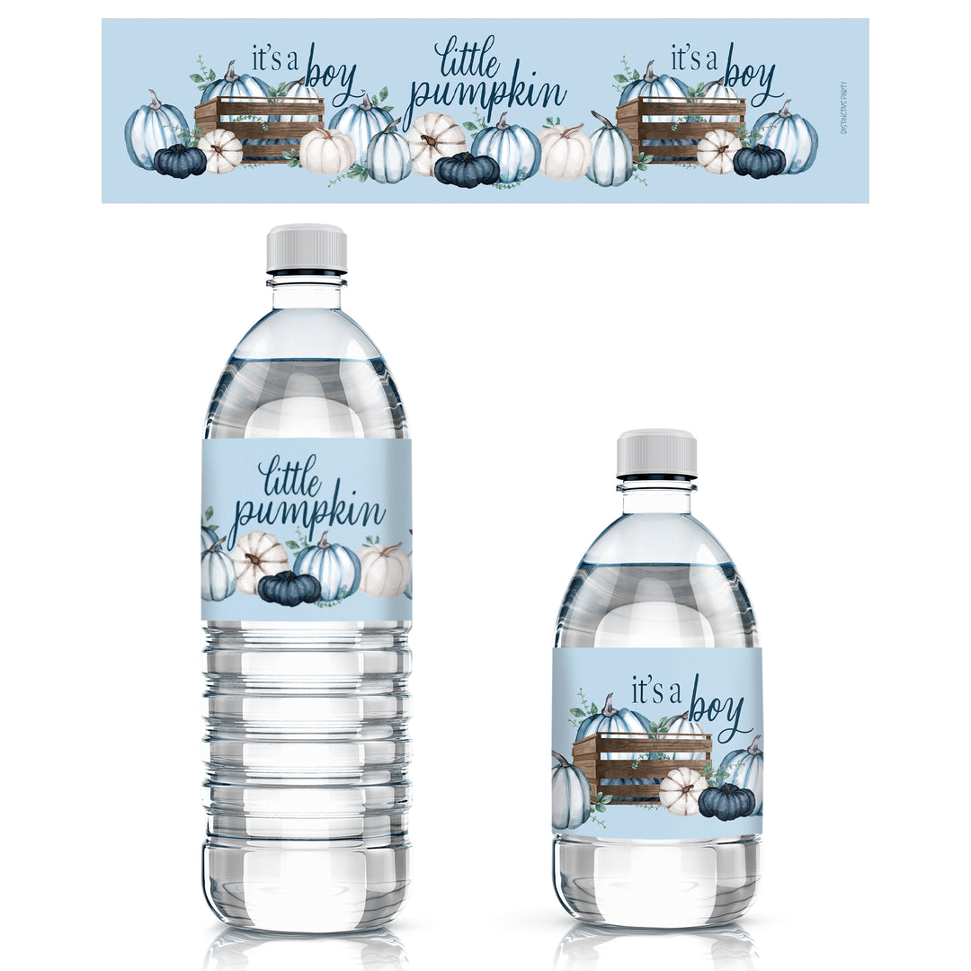 Little Pumpkin: Blue - Boy Baby Shower- Water Bottle Label Stickers - 24 Waterproof Stickers