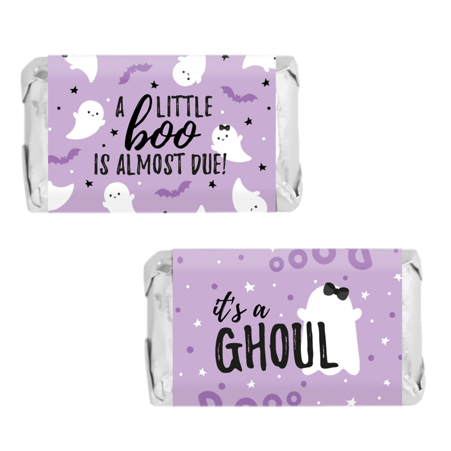Little Boo: Purple - Girl Baby Shower - Hershey's Miniatures Candy Bar Wrappers Stickers - 42 Stickers - Distinctivs Party