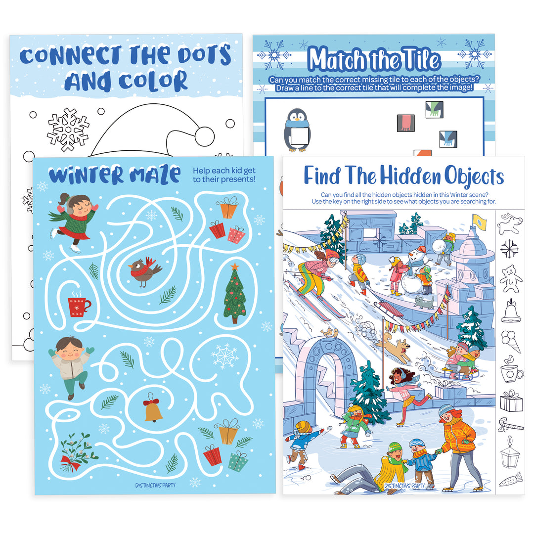 Winter Games: Blue Snowflakes - Hidden Objects, Matching, Maze, Connect the Dots - Preschool - 4 Game Bundle for 25 Kids