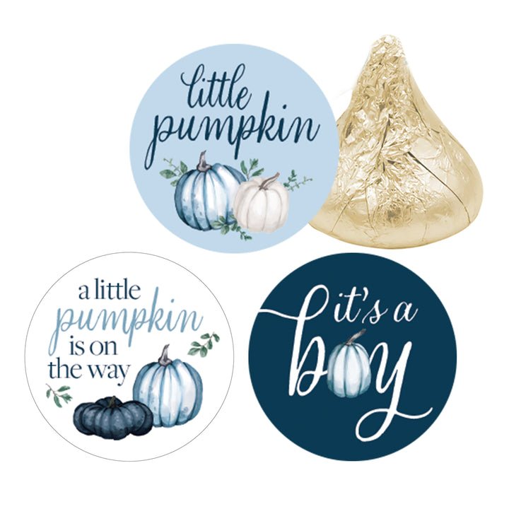 Little Pumpkin: Blue - Boy Baby Shower - Party Favor Stickers-  Fits on Hershey's Kisses - 180 Stickers