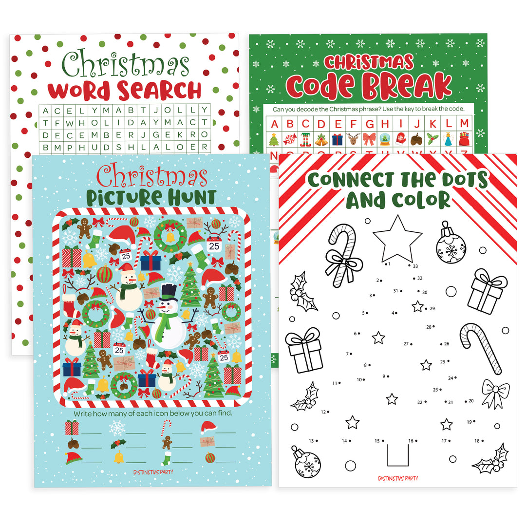 Christmas Cheer: Christmas Party Game Bundle- Word Search, Picture Hunt, Code Break & Connect the Dots - 4 Games for 25 Kids