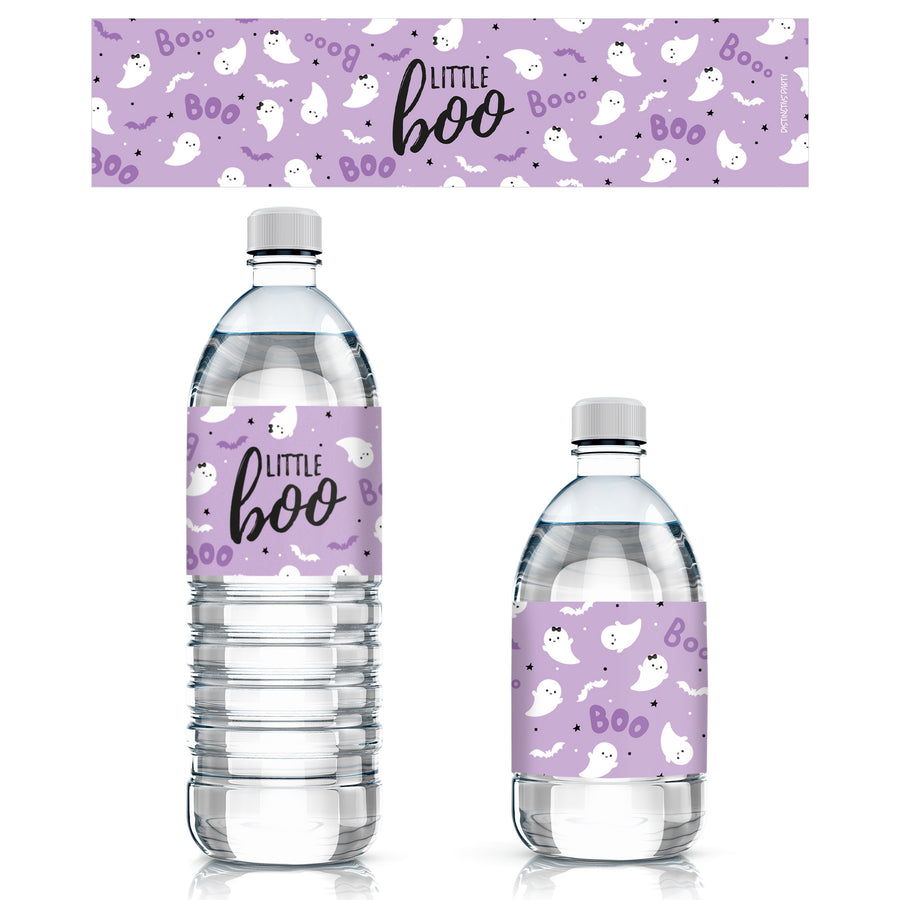 Little Boo: Purple - Girl Baby Shower- Water Bottle Label Stickers - 20 Waterproof Stickers - Distinctivs Party