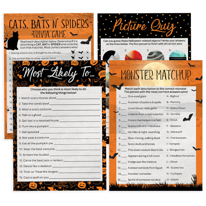 Full Moon: Halloween Party Game Bundle - Monster Matchup, Most Likely To, Picture Quiz & Cats, Bats N' Spiders Trivia Game - 4 Games for 25 Players - 50 Dual Sided Cards