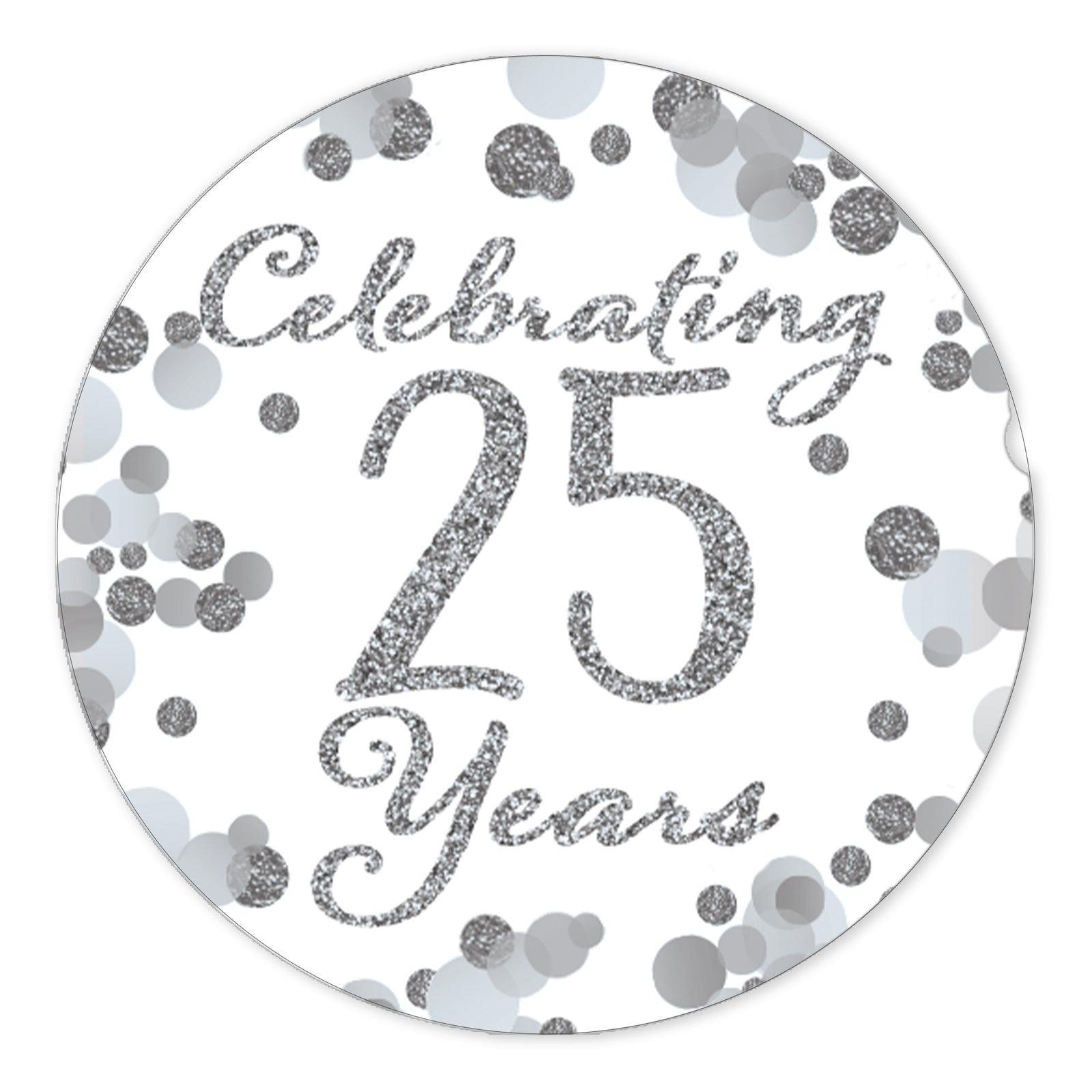 Silver 25th Anniversary: Party Favor Round Labels - 40 Stickers - Distinctivs Party