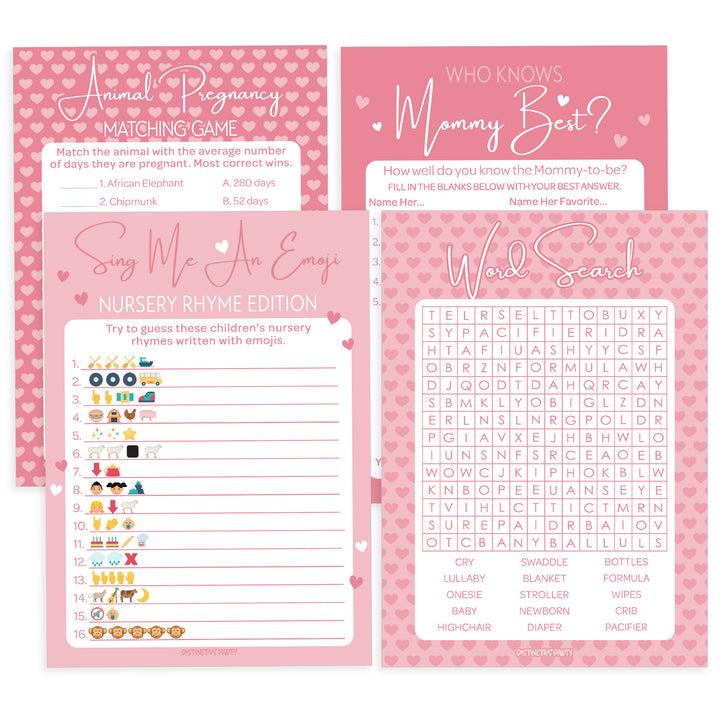 Sweet Baby Girl: Pink- Baby Shower Game Bundle - Emoji, Animal Match, Who Knows, Word Search - 4 Games for 20 Players - 40 Dual Sided Cards