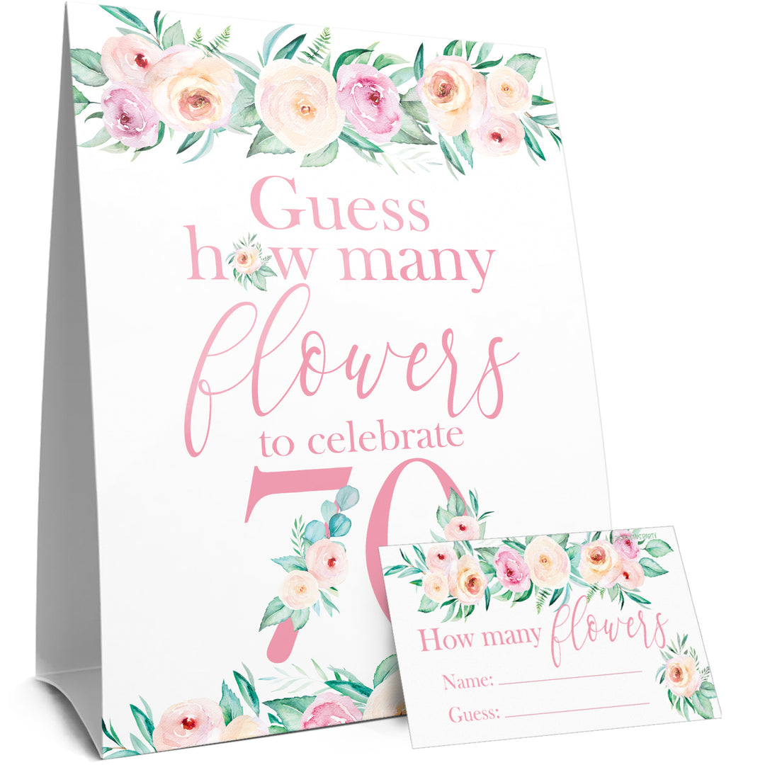 70th Birthday: How Many Flowers in the Jar Floral Party Game - Distinctivs Party