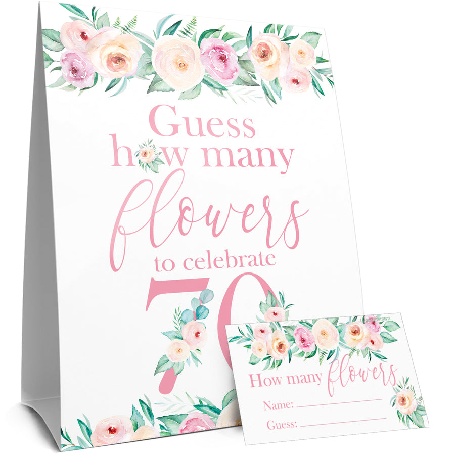 70th Birthday: How Many Flowers in the Jar Floral Party Game - Distinctivs Party