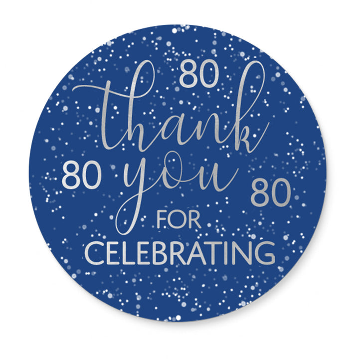 Blue and Silver 80th Birthday Thank You Stickers - 40 Stickers