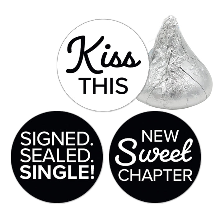 Signed Sealed Single Divorce Party Candy Stickers for Chocolate Kisses – 216 Black & White Party Favor Labels