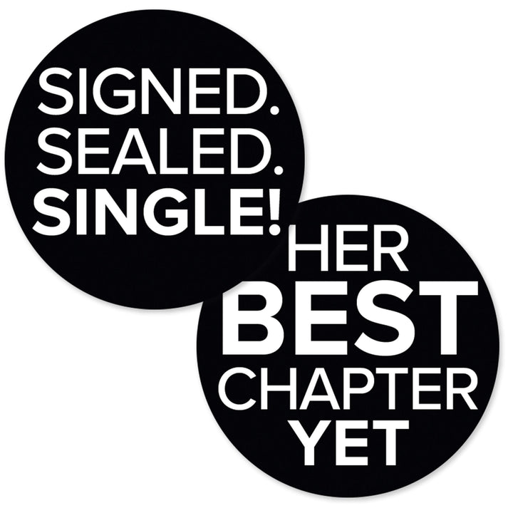 Signed Sealed Single Divorce Party Round Stickers – 40 Black & White Favor Labels and Envelope Seals, 1.75 Inch