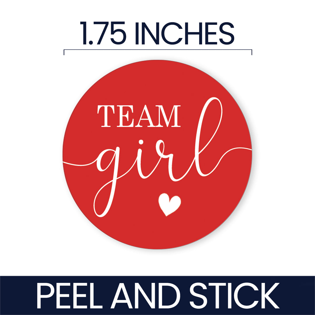 A red circular peel-and-stick sticker with the words 'TEAM girl' in white lettering and a small white heart, shown on a white background with text indicating 1.75 inches and 'PEEL AND STICK'.