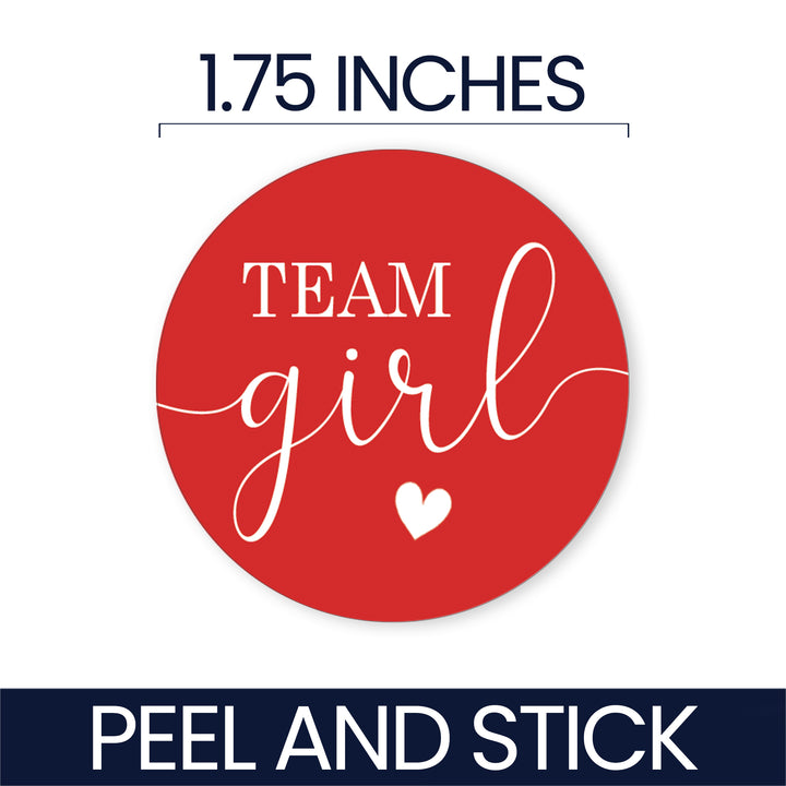 A red circular peel-and-stick sticker with the words 'TEAM girl' in white lettering and a small white heart, shown on a white background with text indicating 1.75 inches and 'PEEL AND STICK'.