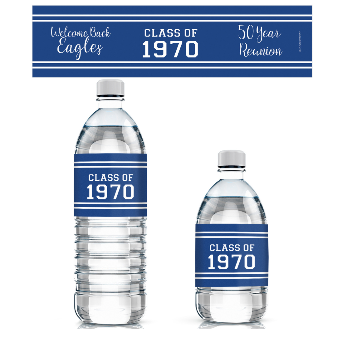 Personalized Class Reunion Party Water Bottle Labels - 24, 100, or 250 Stickers (12 Color Choices)