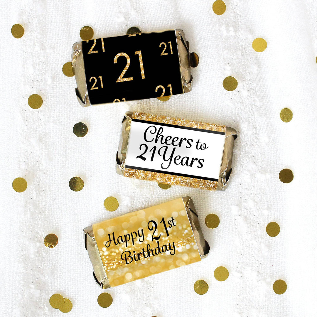 21st Birthday: Black and Gold - Hershey's Miniatures Candy Bar Wrappers Stickers - 45 Stickers - Distinctivs Party