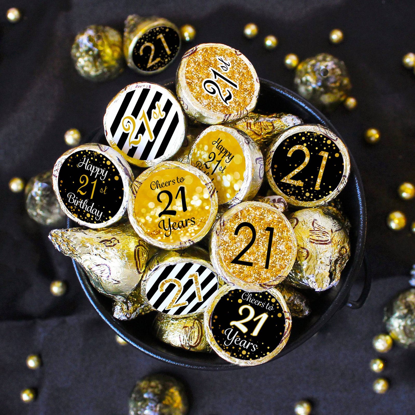 21st Birthday: Black and Gold - Party Favor Stickers - Fits on Hershey's Kisses - 180 Stickers - Distinctivs Party