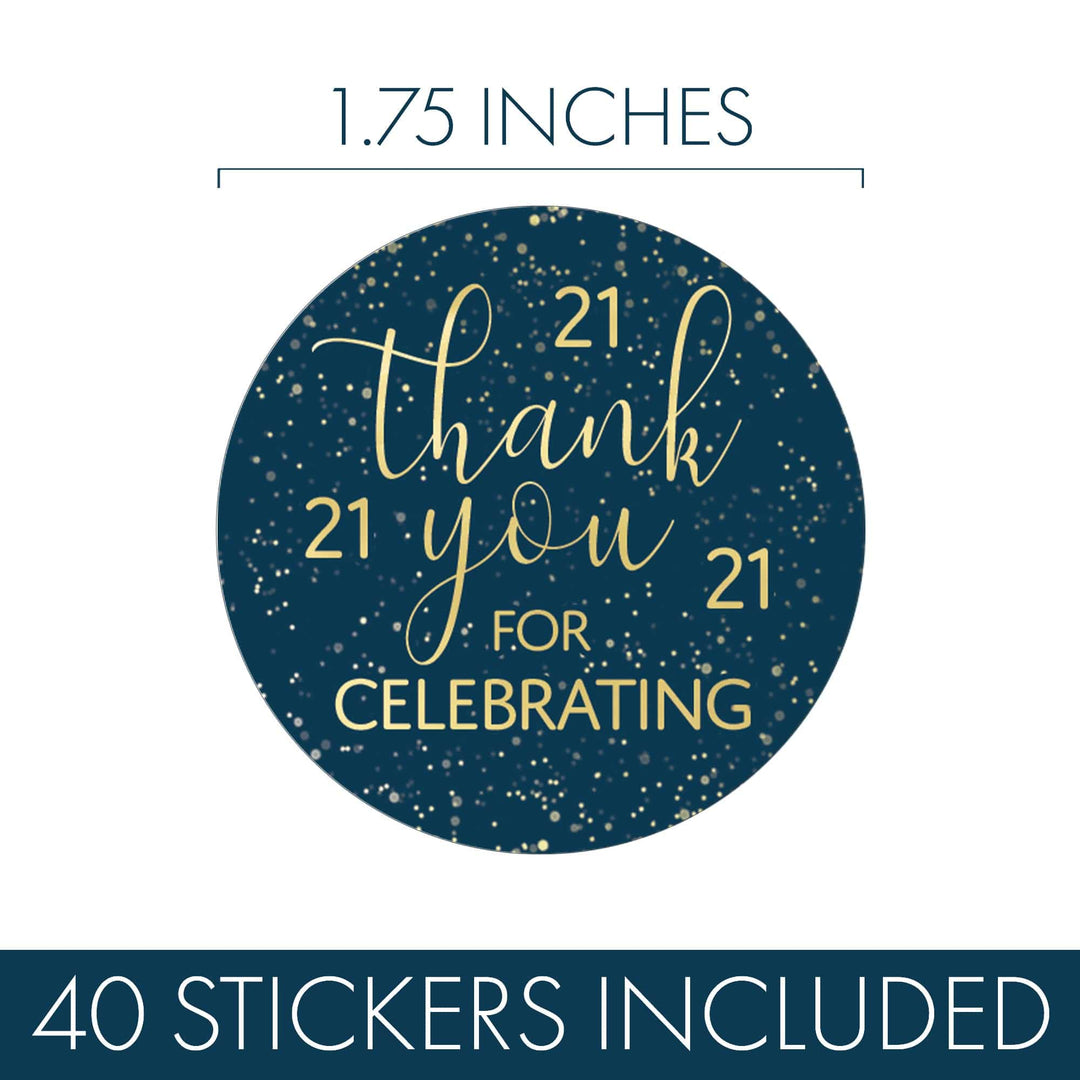 21st Birthday: Navy Blue & Gold - Adult Birthday -Thank You Stickers - 40 Stickers - Distinctivs Party