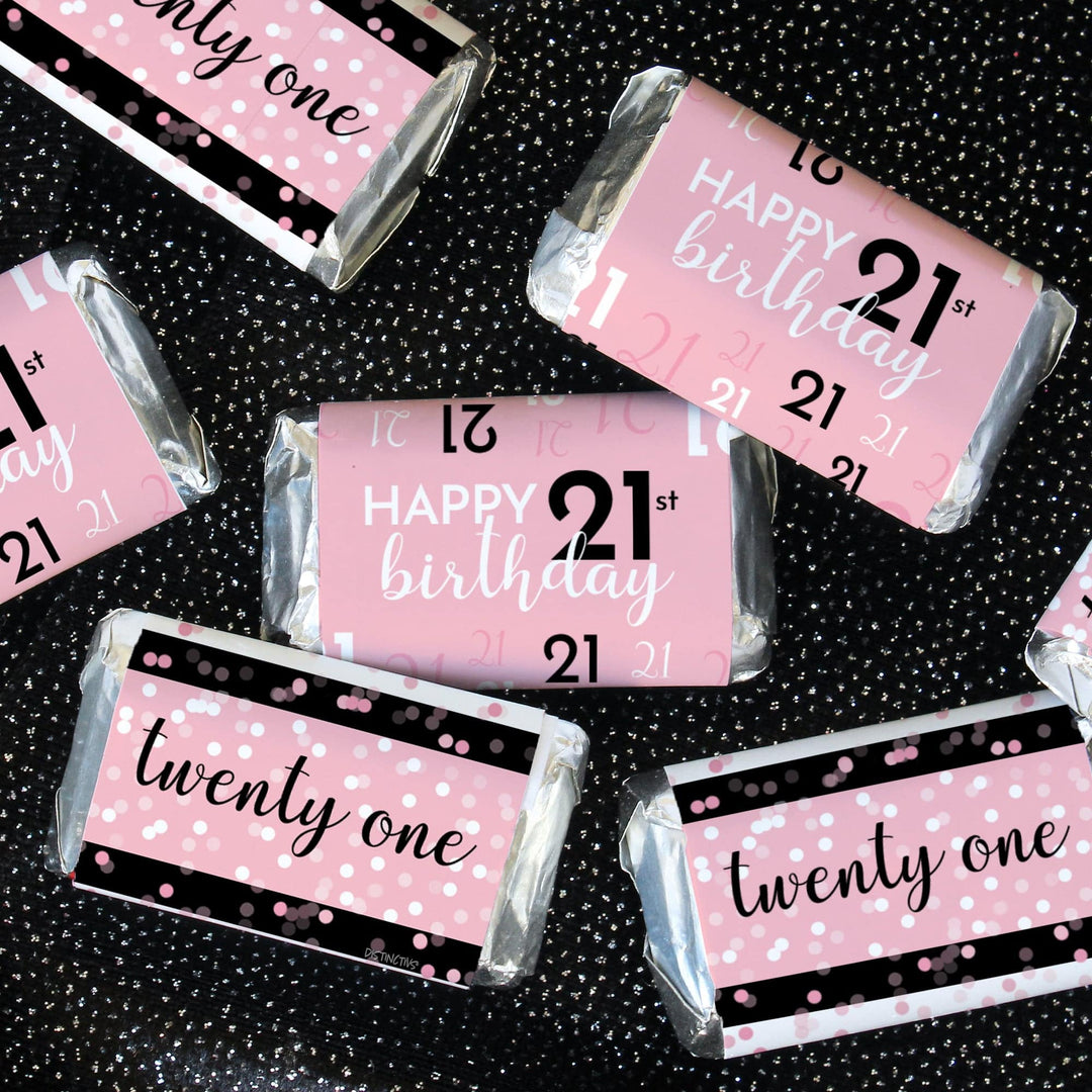 21st Birthday: Pink and Black - Adult Birthday - Hershey's Miniatures Candy Bar Wrappers Stickers - 45 Stickers - Distinctivs Party