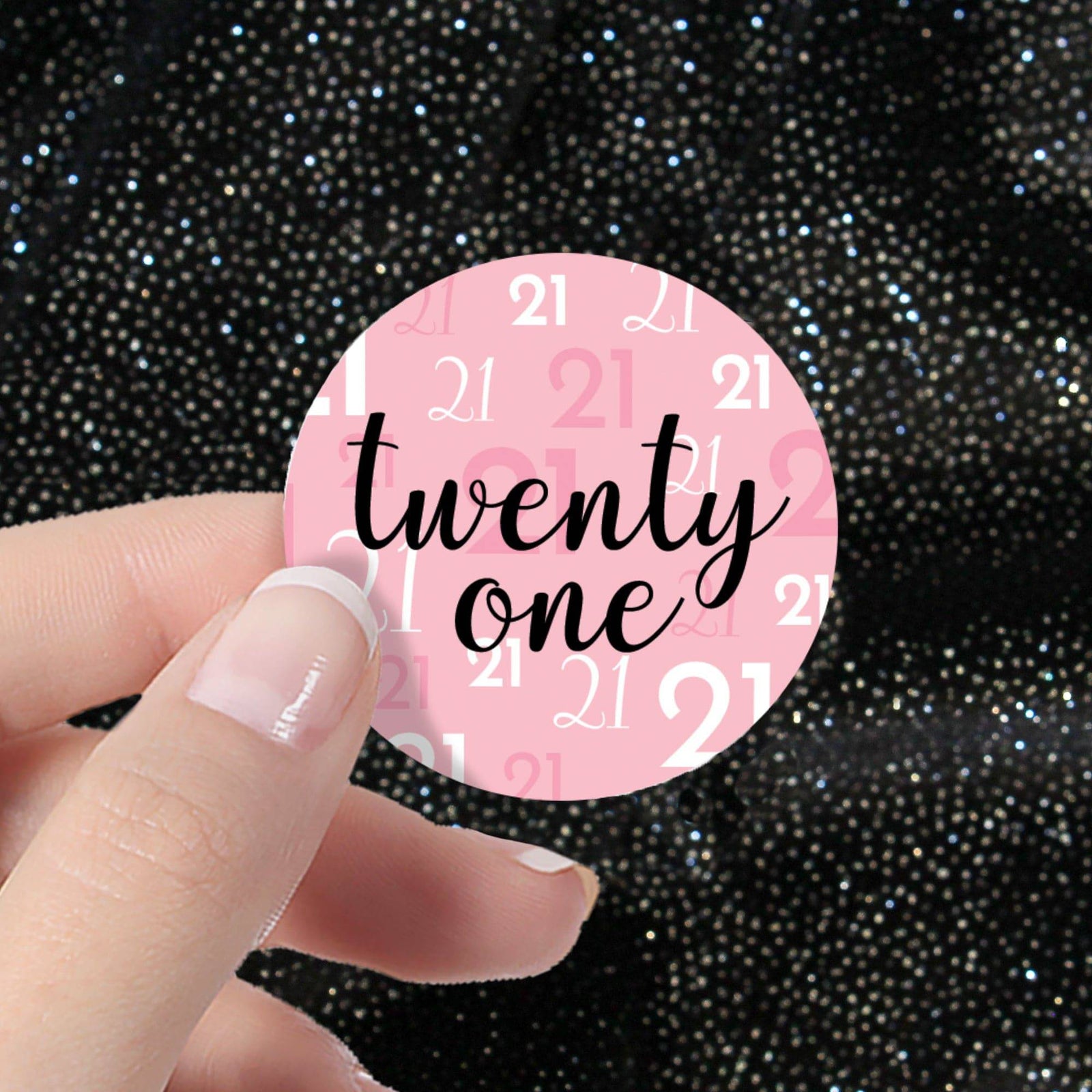 21st Birthday: Pink and Black - Adult Birthday - Round Favor Stickers - 40 Stickers - Distinctivs Party
