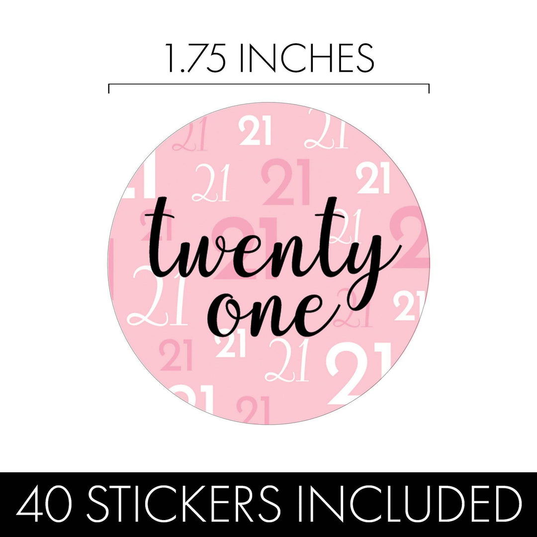 21st Birthday: Pink and Black - Adult Birthday - Round Favor Stickers - 40 Stickers - Distinctivs Party