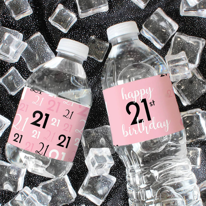 21st Birthday: Pink and Black - Adult Birthday - Water Bottle Label Stickers - 24 Waterproof Stickers - Distinctivs Party