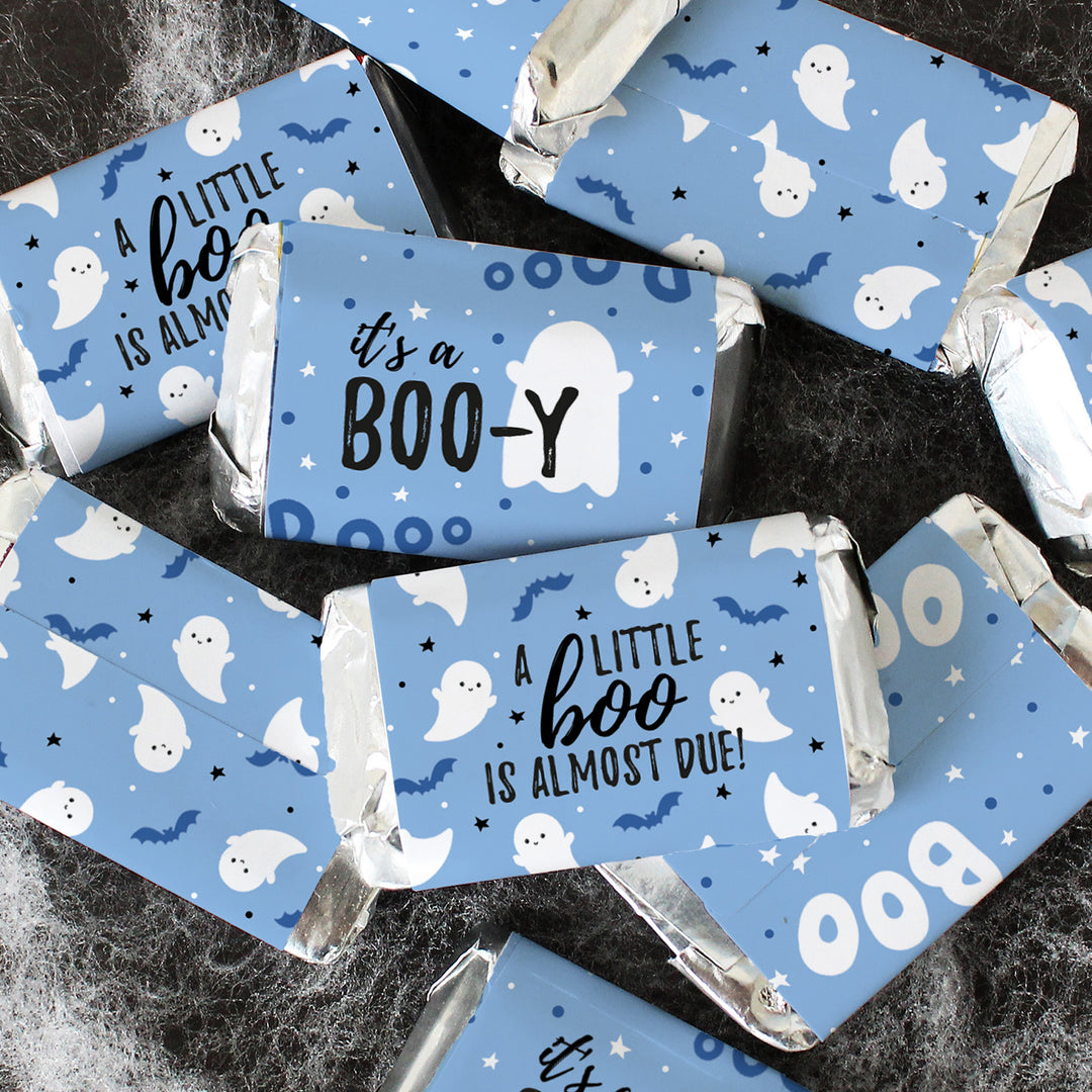 Little Boo: Blue - Boy Baby Shower - Hershey's Miniatures Candy Bar Wrappers Stickers - 45 Stickers