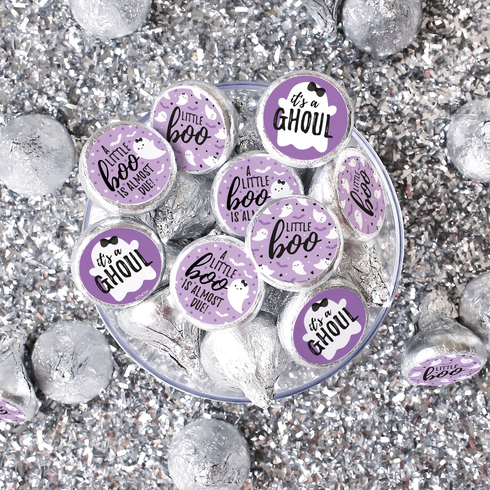 Little Boo: Purple - Girl Baby Shower - Fall Party Favor Stickers - Fits on Hershey's Kisses - 108 Stickers - Distinctivs Party