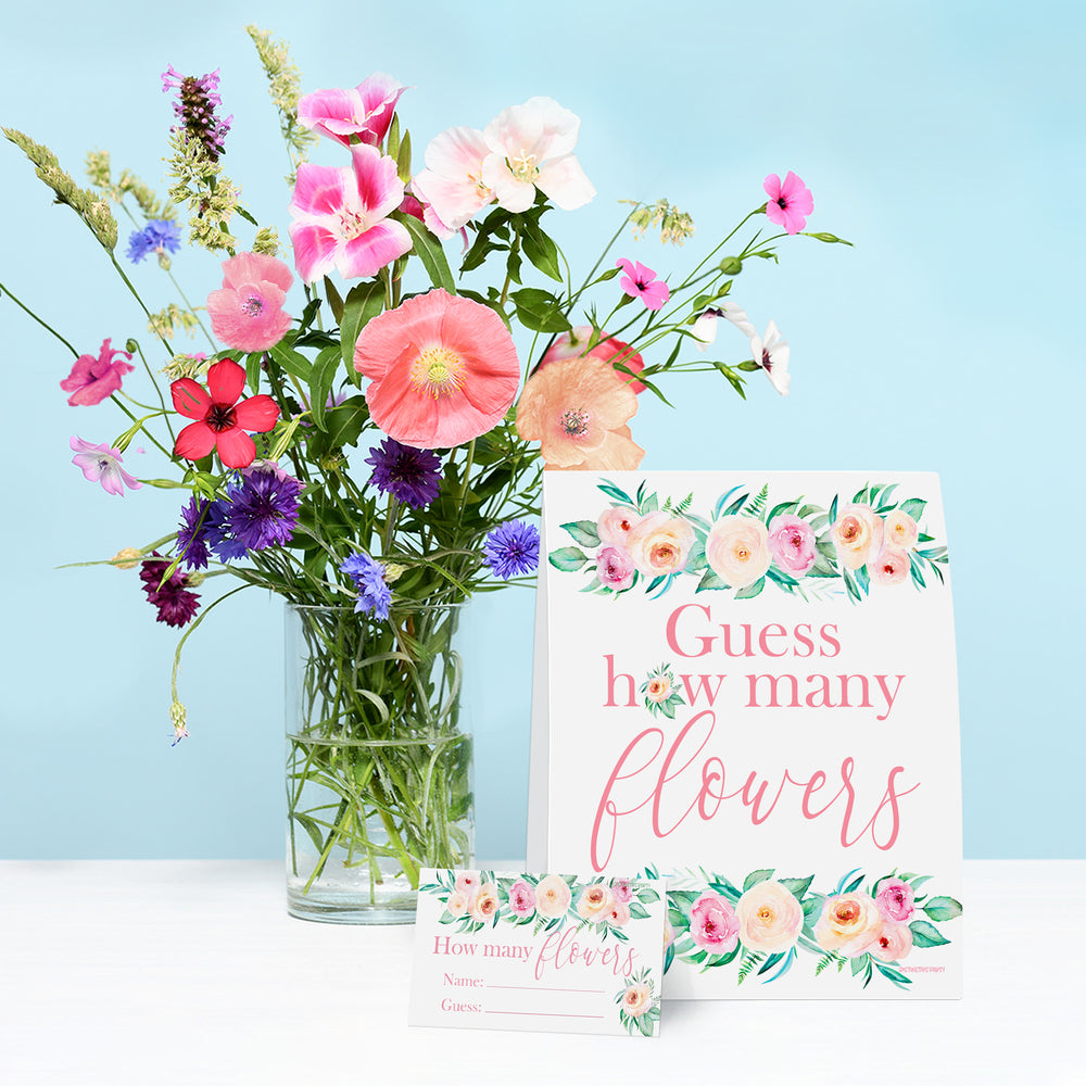 Pink Floral: How Many Flowers in the Jar Floral Party Game - Baby Shower, Bridal, Birthday - Distinctivs Party