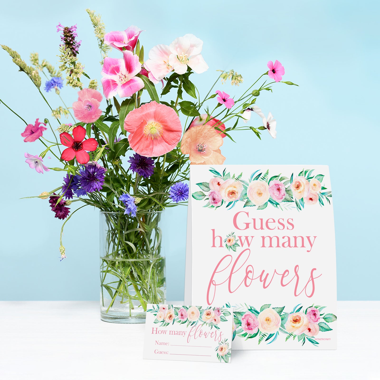 Pink Floral: How Many Flowers Floral Party Game - Baby Shower, Bridal, Birthday - Distinctivs Party