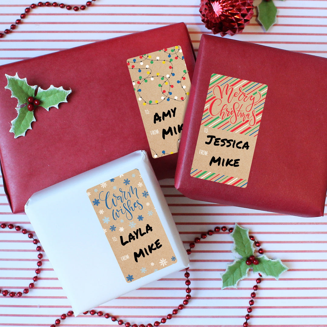 Christmas Gift Tag Stickers: Kraft Paper Stripes, Lights, and Snowflakes  – 75 Stickers