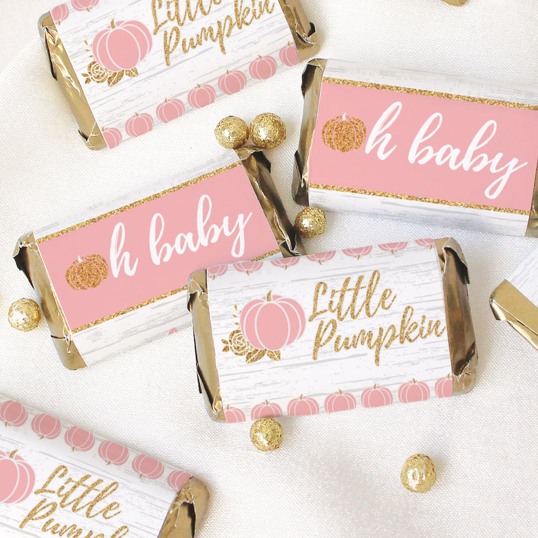 Little Pumpkin: Pink & Gold - Baby Shower - Mini Candy Bar Wrappers-  Fall, Girl  - 42 Stickers