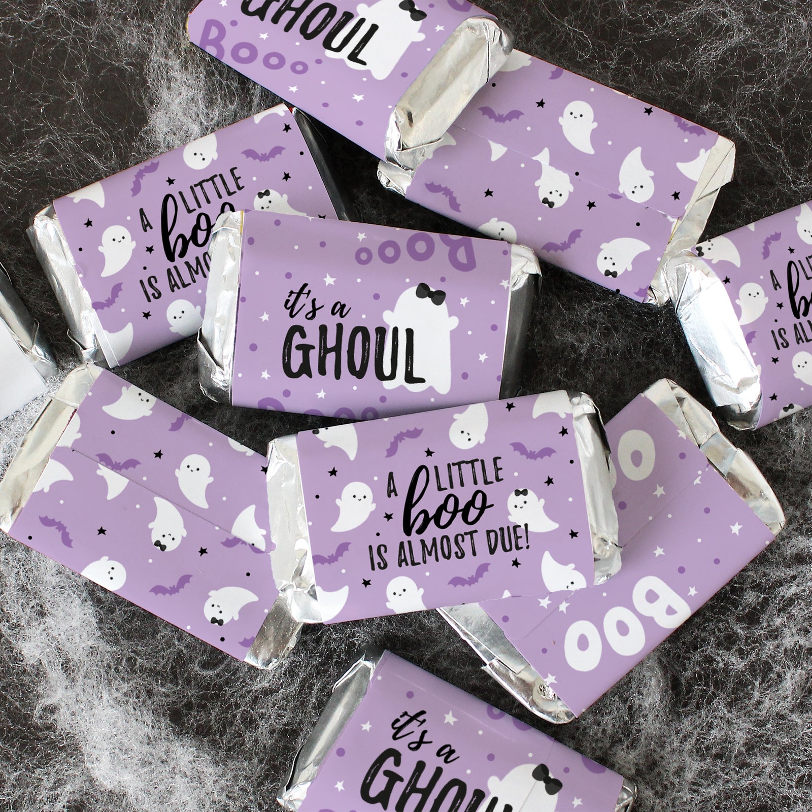 Little Boo: Purple - Girl Baby Shower - Fall Hershey's Miniatures Candy Bar Wrappers Stickers - 42 Stickers - Distinctivs Party