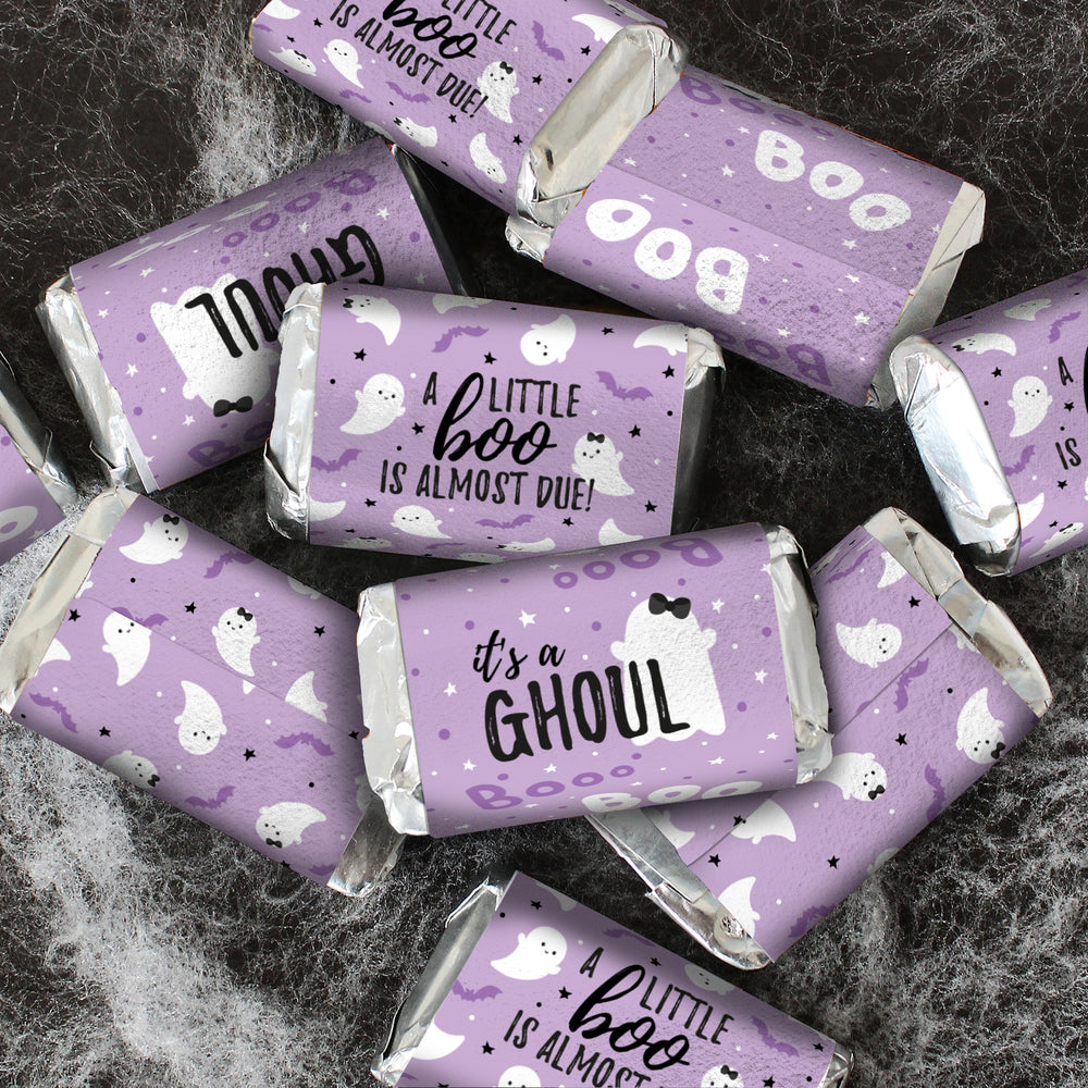 Little Boo: Purple - Girl Baby Shower - Hershey's Miniatures Candy Bar Wrappers Stickers - 42 Stickers - Distinctivs Party