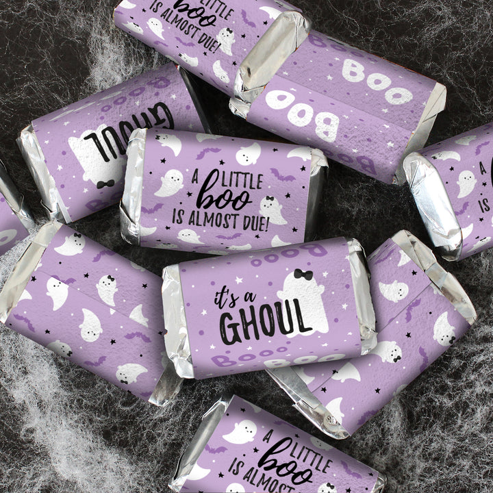Little Boo: Purple - Girl Baby Shower - Hershey's Miniatures Candy Bar Wrappers Stickers - 42 Stickers - Distinctivs Party