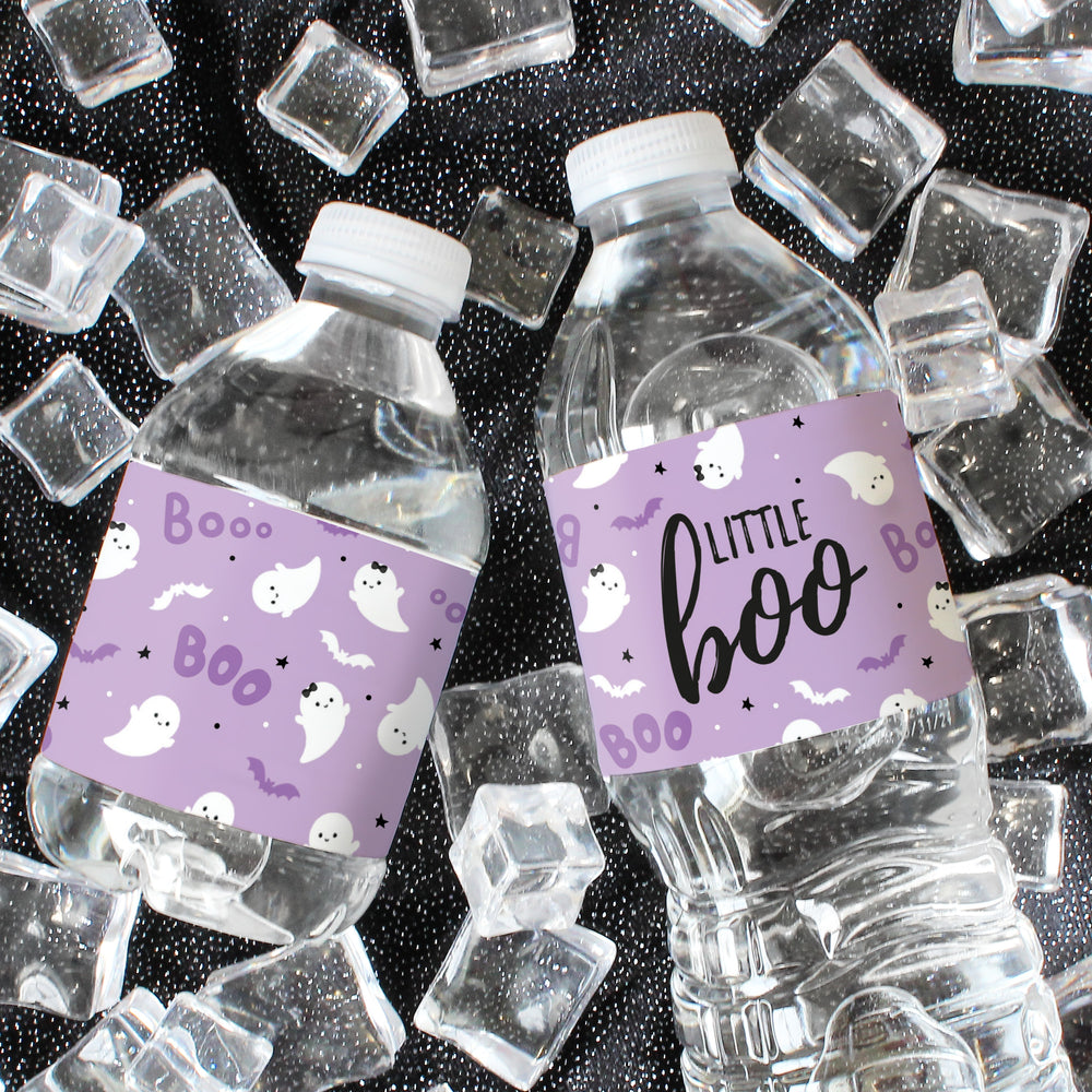 Little Boo: Purple - Girl Baby Shower- Water Bottle Label Stickers - 20 Waterproof Stickers - Distinctivs Party