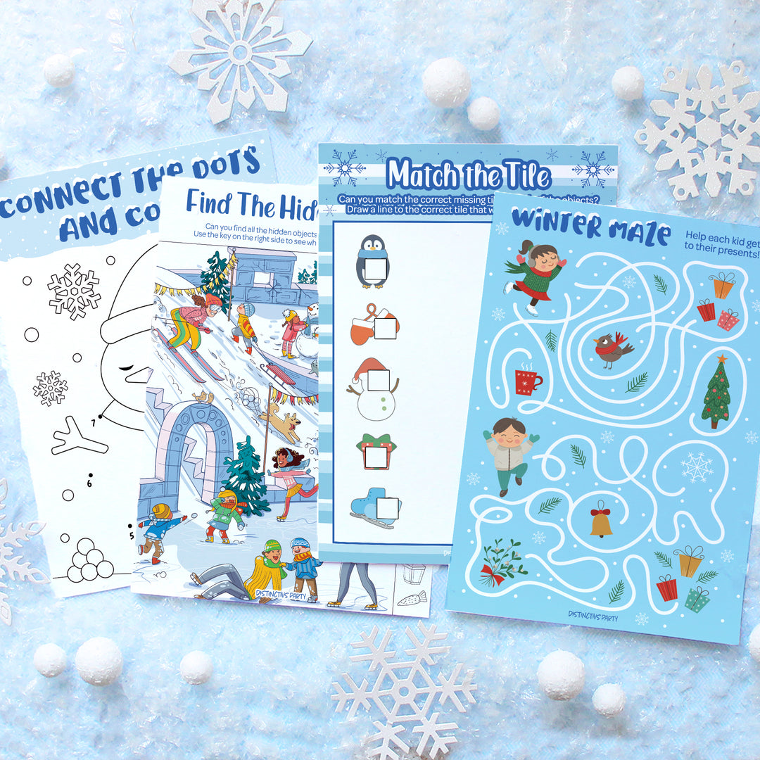 Winter Games: Blue Snowflakes - Hidden Objects, Matching, Maze, Connect the Dots - Preschool - 4 Game Bundle for 25 Kids