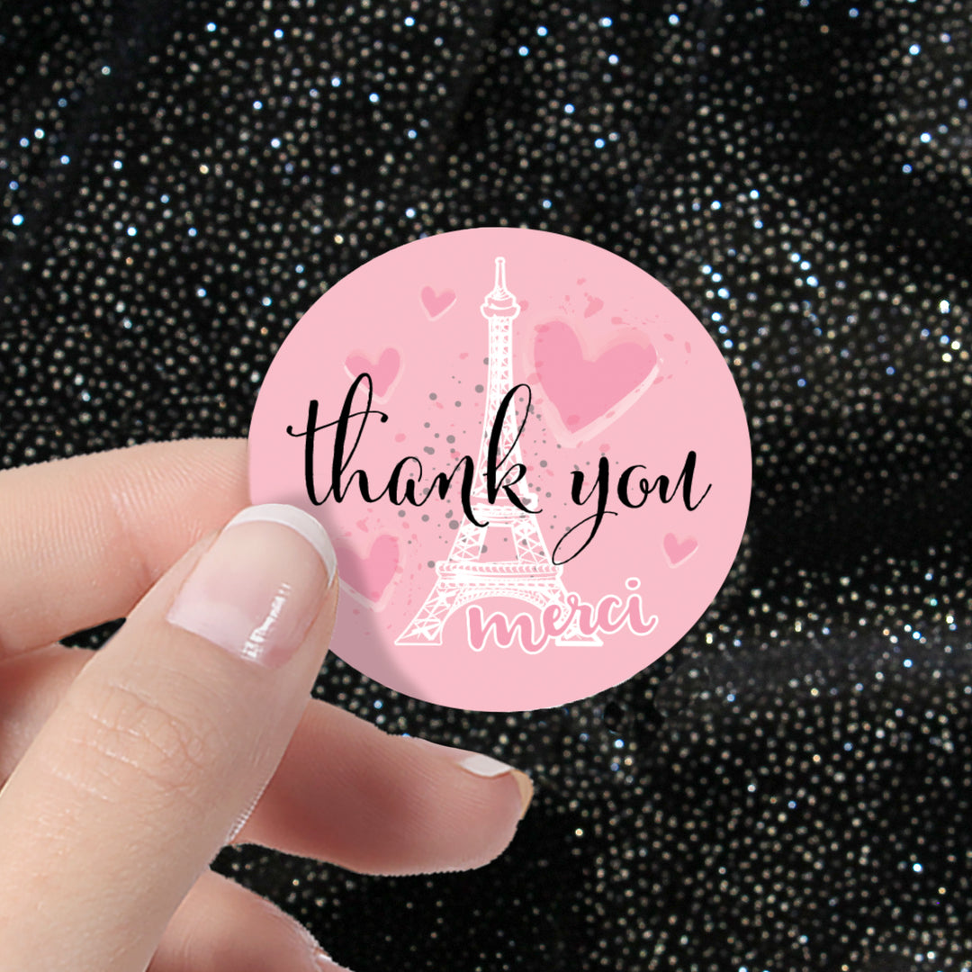 Paris in Pink: Kid's Birthday - Merci Thank You Round Labels - 40 Stickers