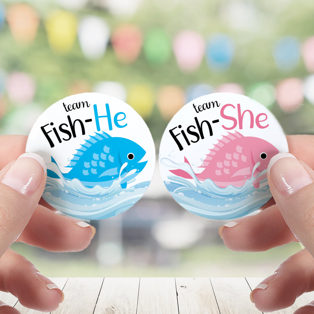 Fishing Baby Gender Reveal Party -Team Fish-He or Fish-She Stickers –  Distinctivs Party