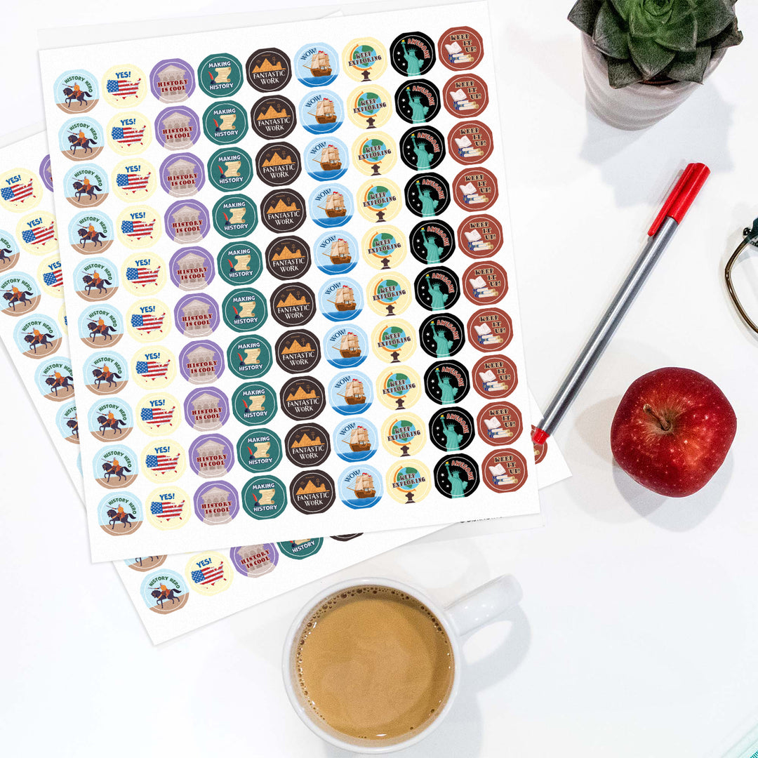 Motivational Teacher Reward Stickers for Students: History (1,080 Stickers)