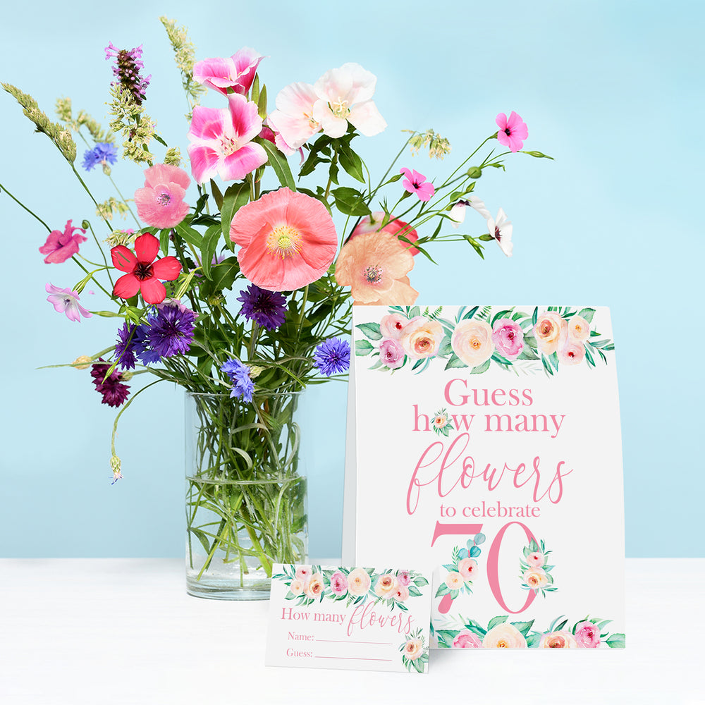 70th Birthday: How Many Flowers in the Jar Floral Party Game - Distinctivs Party