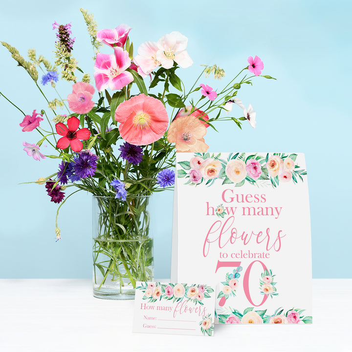 70th Birthday: How Many Flowers in the Jar Floral Party Game - Distinctivs Party