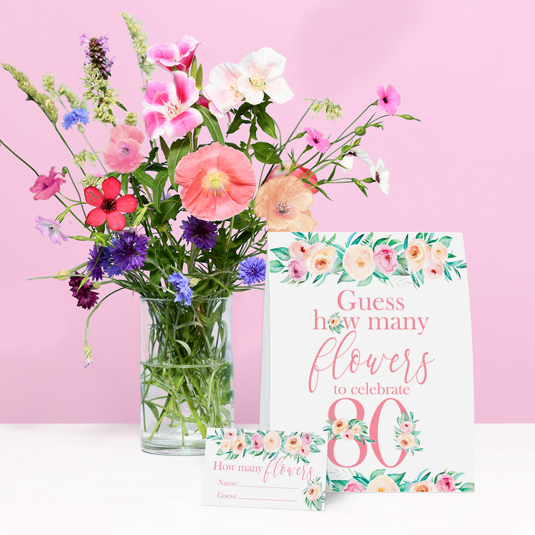 80th Birthday: How Many Flowers in the Jar Floral Party Game - Distinctivs Party