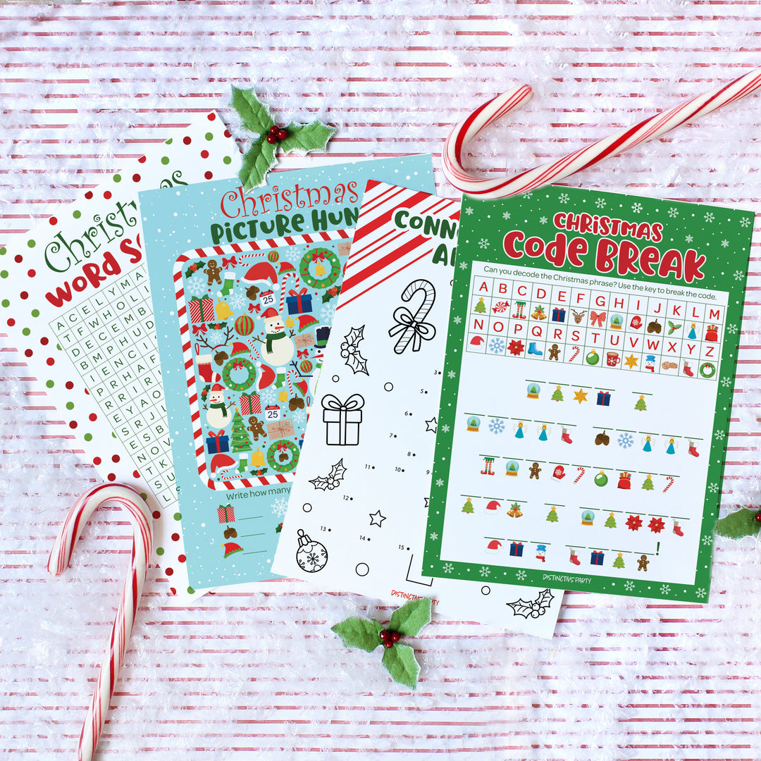 Christmas Cheer: Christmas Party Game Bundle- Word Search, Picture Hunt, Code Break & Connect the Dots - 4 Games for 25 Kids