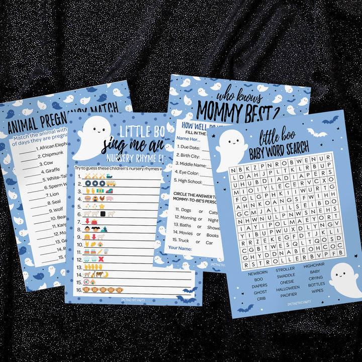 Little Boo: Blue - Boy Baby Shower Game Bundle - Emoji, Animal Match, Who Knows, Word Search - 4 Games for 20 Players - 40 Dual Sided Cards